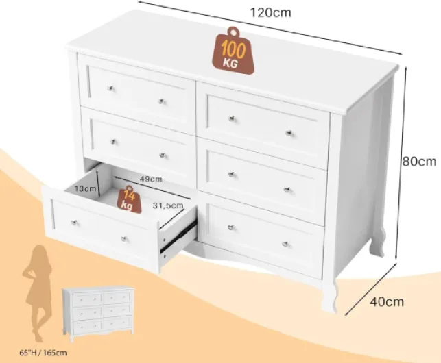 Commode à 6 tiroirs, Meuble Rangement, Commode Chambre avec tiroirs, Armoire à tiroirs, Style français 120 x 40 x 84 cm