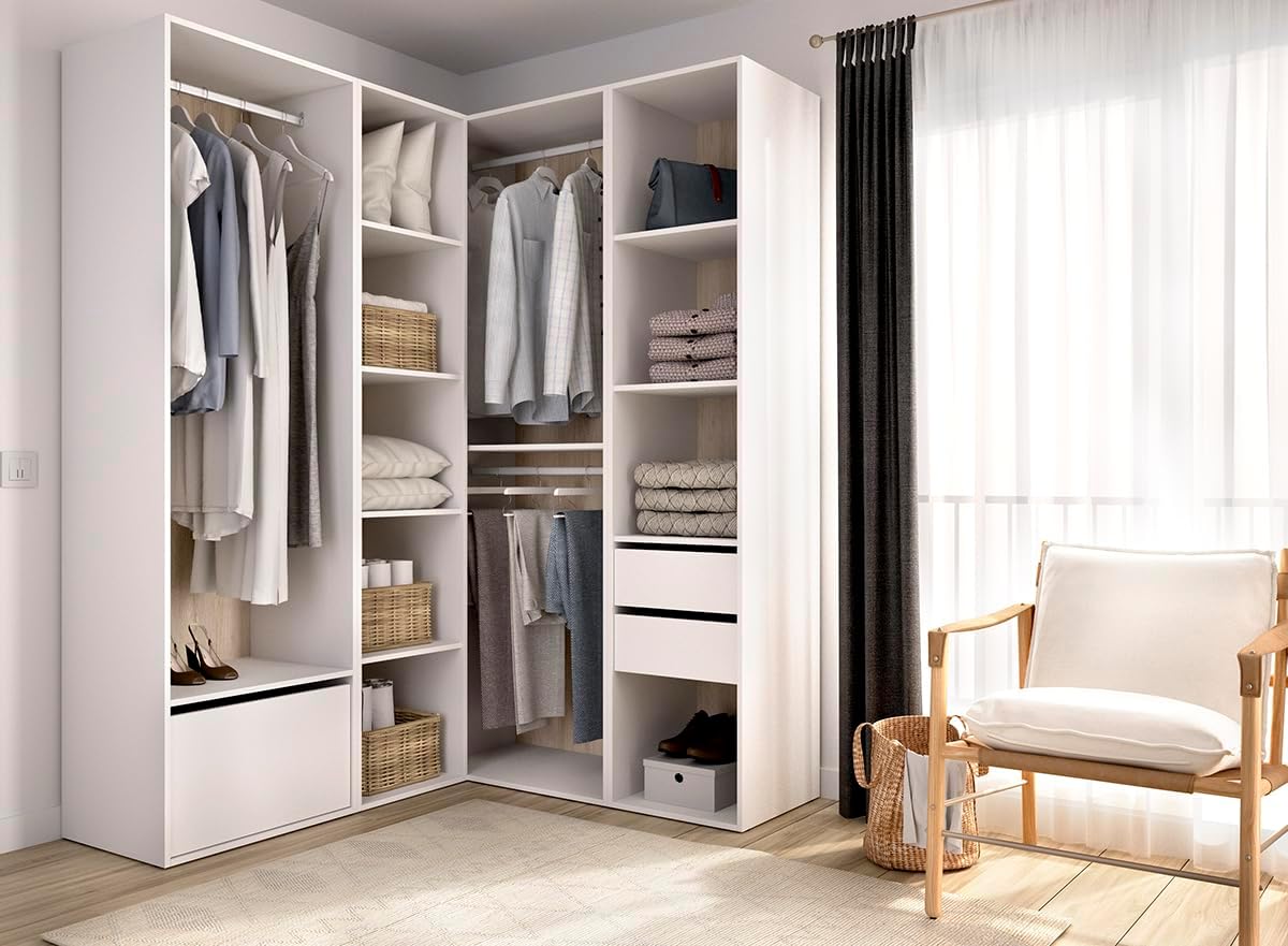 PEGANE Armoire d'angle Dressing Ouvert avec 2 penderies, 2 tiroirs, 9 Compartiments de Rangement et 1 Porte Chaussures - Hauteur 204,5 x Longueur 124 x Profondeur 144,5