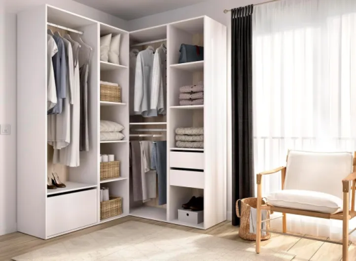 PEGANE Armoire d'angle Dressing Ouvert avec 2 penderies, 2 tiroirs, 9 Compartiments de Rangement et 1 Porte Chaussures - Hauteur 204,5 x Longueur 124 x Profondeur 144,5