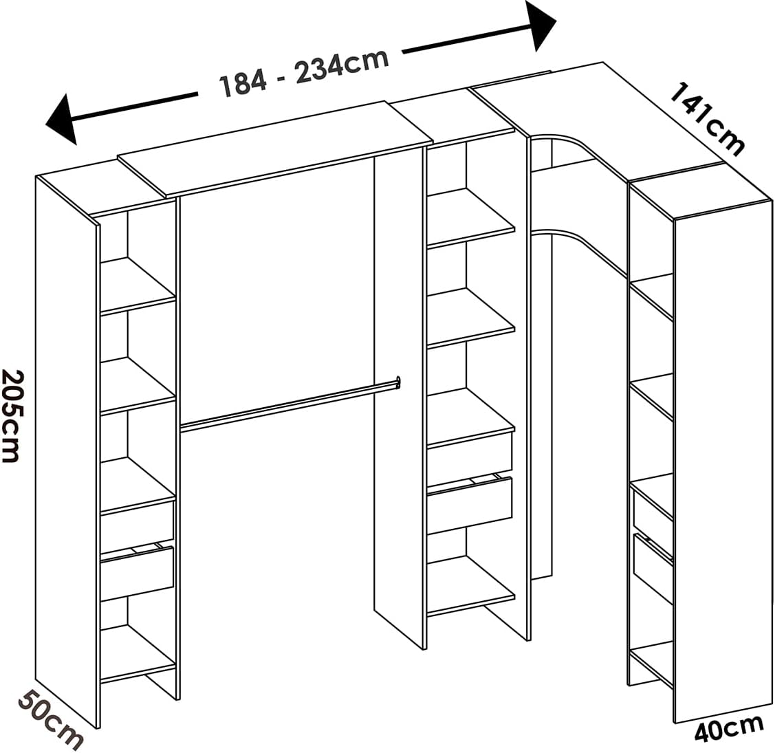 PEGANE Kit Armoire Dressing d'angle Extensible en Bois mélaminé Blanc - Longueur 164-234 x Profondeur 141 x Hauteur 205 cm
