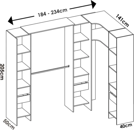 PEGANE Kit Armoire Dressing d'angle Extensible en Bois mélaminé Blanc - Longueur 164-234 x Profondeur 141 x Hauteur 205 cm