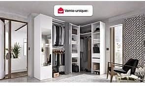Vente-unique-Dressing d'angle avec Rideau et 1 Porte - avec Miroir - L231 cm - Blanc et Gris - Bertrand