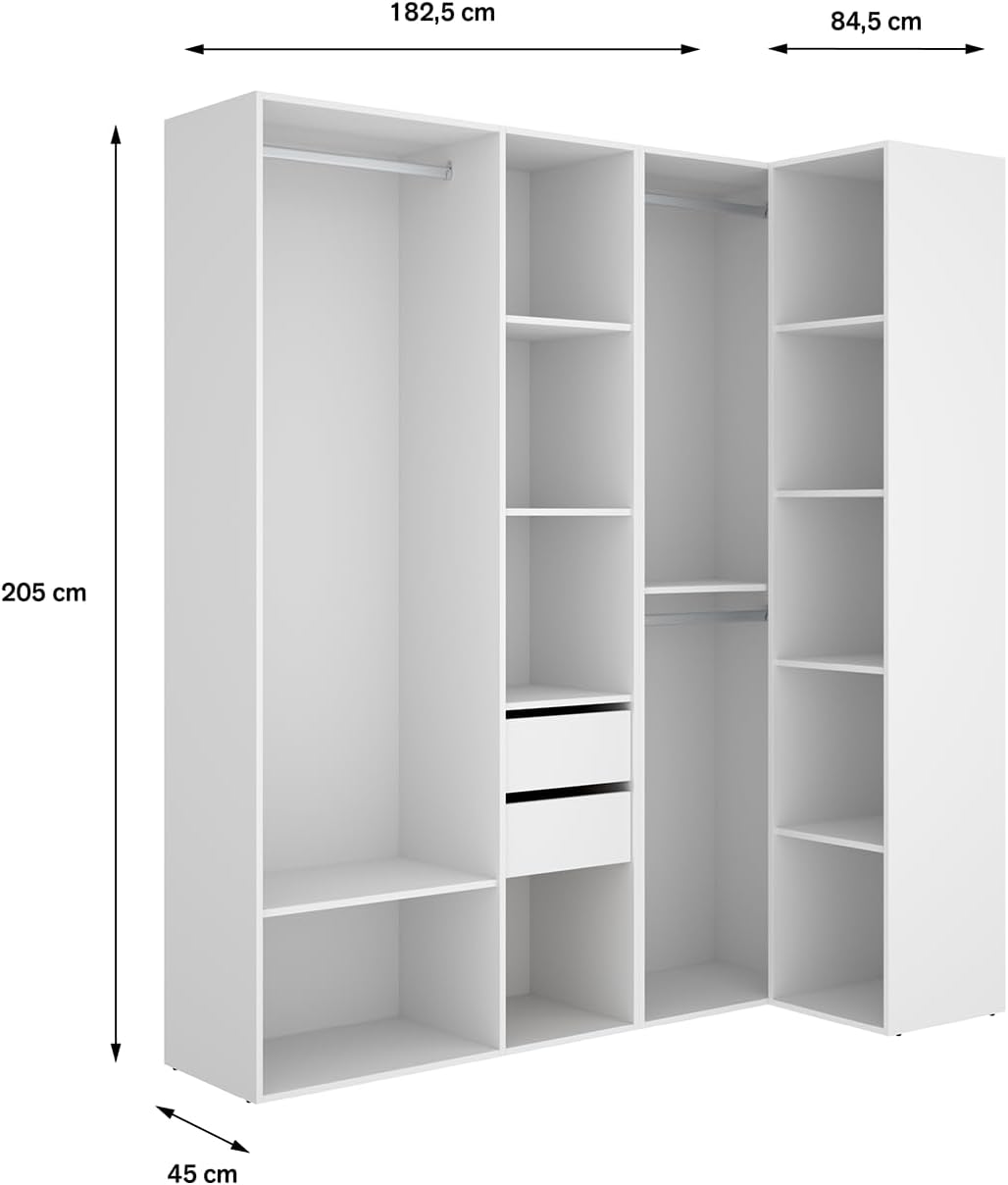 PEGANE Ensemble Dressing d'angle avec 2 tiroirs et Fond d'arrière réversible Coloris chêne Naturel, Blanc - Longueur 1825 x Profondeur 79 x Hauteur 205 cm