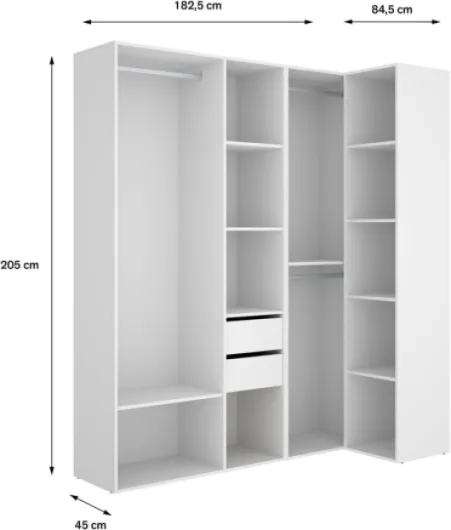 PEGANE Ensemble Dressing d'angle avec 2 tiroirs et Fond d'arrière réversible Coloris chêne Naturel, Blanc - Longueur 1825 x Profondeur 79 x Hauteur 205 cm