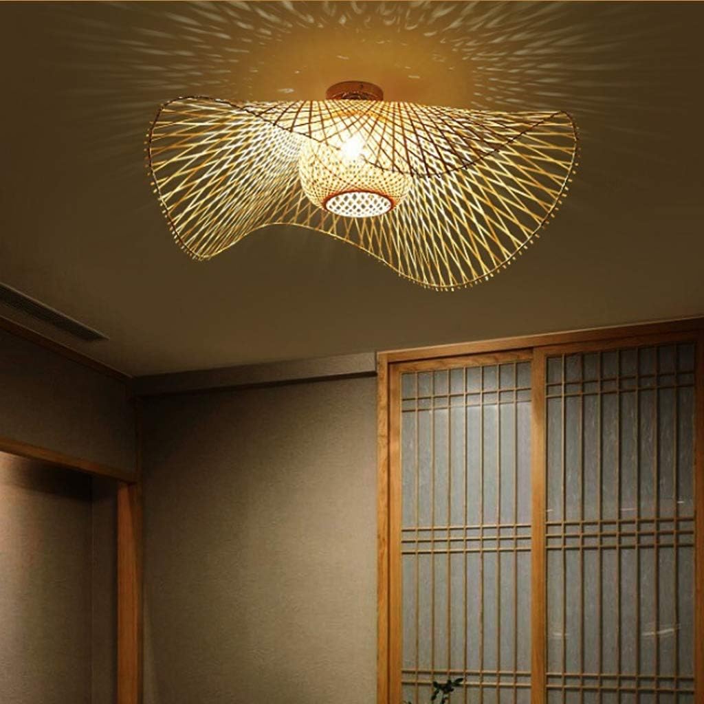 Rétro Lustres Lumière Naturelle De Bambou Et Plafonnier Rotin Vintage E27 Éclairage Plafond Tissées Main Pour Manger Chambre Salon Bar Café Pendentif Cuisine Lampe Suspendue Couloir Suspension,48cm
