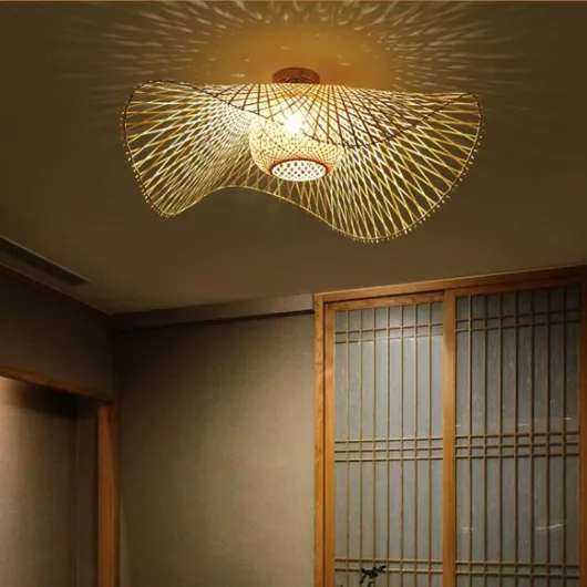 Rétro Lustres Lumière Naturelle De Bambou Et Plafonnier Rotin Vintage E27 Éclairage Plafond Tissées Main Pour Manger Chambre Salon Bar Café Pendentif Cuisine Lampe Suspendue Couloir Suspension,48cm