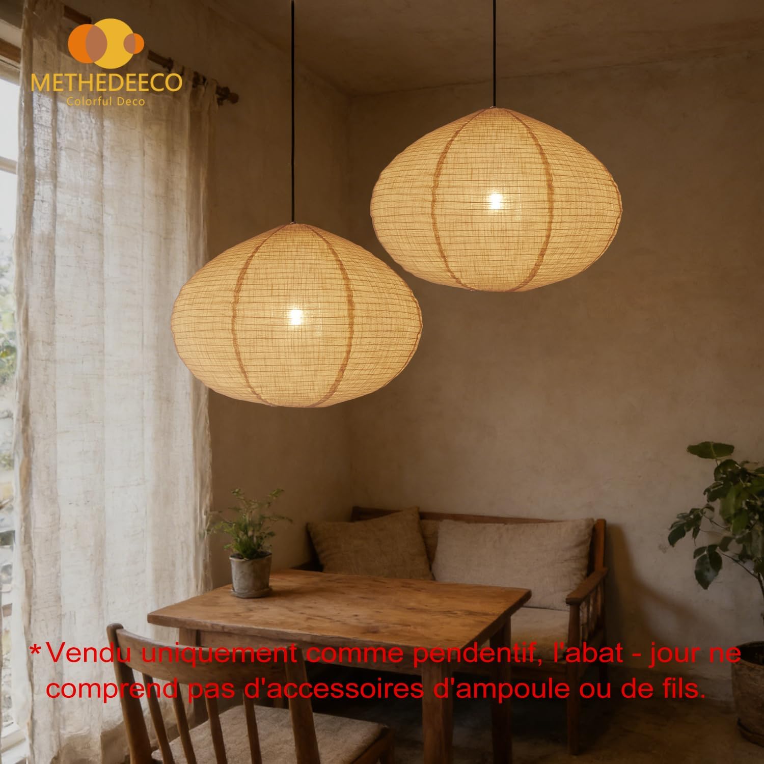 METHEDEECO Lot de 2 Abat-Jours Suspension en Lin Beige 50 cm, Minimaliste Rustique Boho Abat-Jour Lustre Tissu pour Salon Chambre Salle à Manger, Lumière Douce