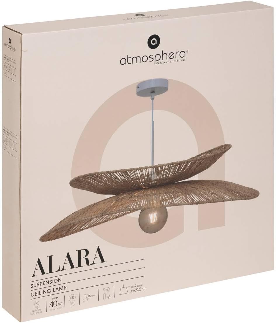 Atmosphera - Suspension Alara en Jute Tressé Beige D - 69,5 cm, Hauteur Réglable - Luminaire Style Bohème Pour Salon, Salle à Manger, Chambre