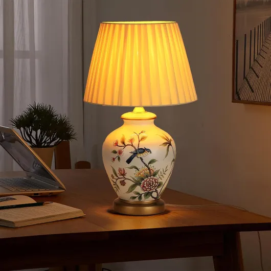 Lampe de Table Vintage en Céramique - Chevet, Salon, Chambre à Coucher - Lecture en Tissu Blanc - Bureau Style Moderne E27 - Nuit
