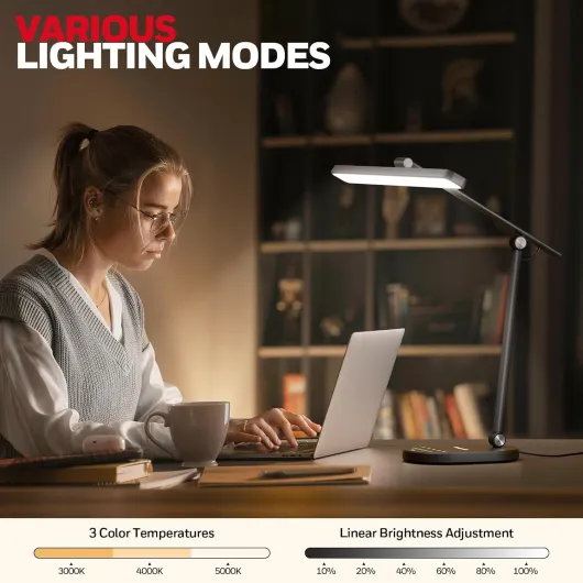 HWT-H4 Lampe de Bureau LED, Lampe de Lecture avec Protection des Yeux, 3 Températures de Couleur, Gradation Automatique, Minuterie, Lampe Réglable pour Travail et Étude Noir
