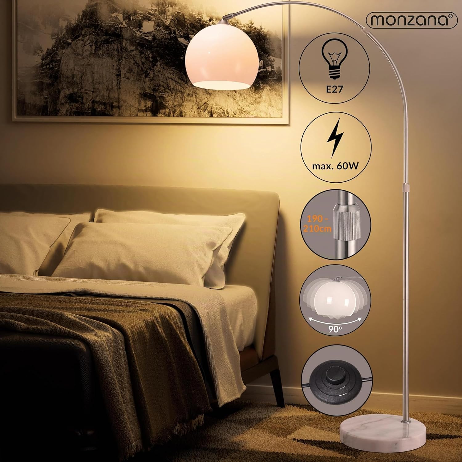 Lampe à arc Marbre 190-210 cm abat-jour réglable en hauteur interrupteur pied E27 salon lampe sur pied lampadaire 190cm - 210cm