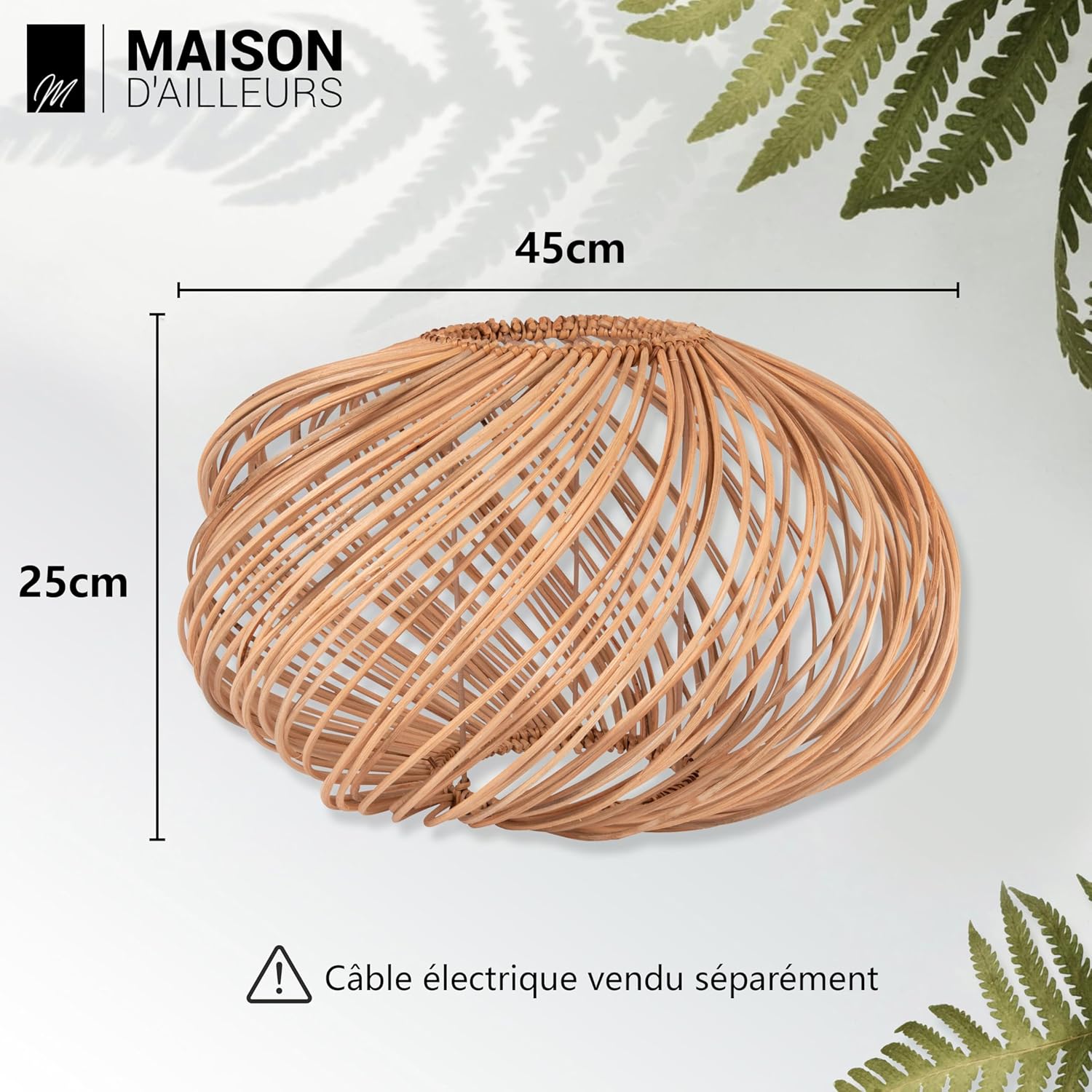 Maison d'Ailleurs - Abat-jour en Rotin Naturel D45 cm, Suspension Non-Électrifiée, Luminaire Style Bambou ou Osier pour Éclairage de Plafond, Lustre ou Lampadaire