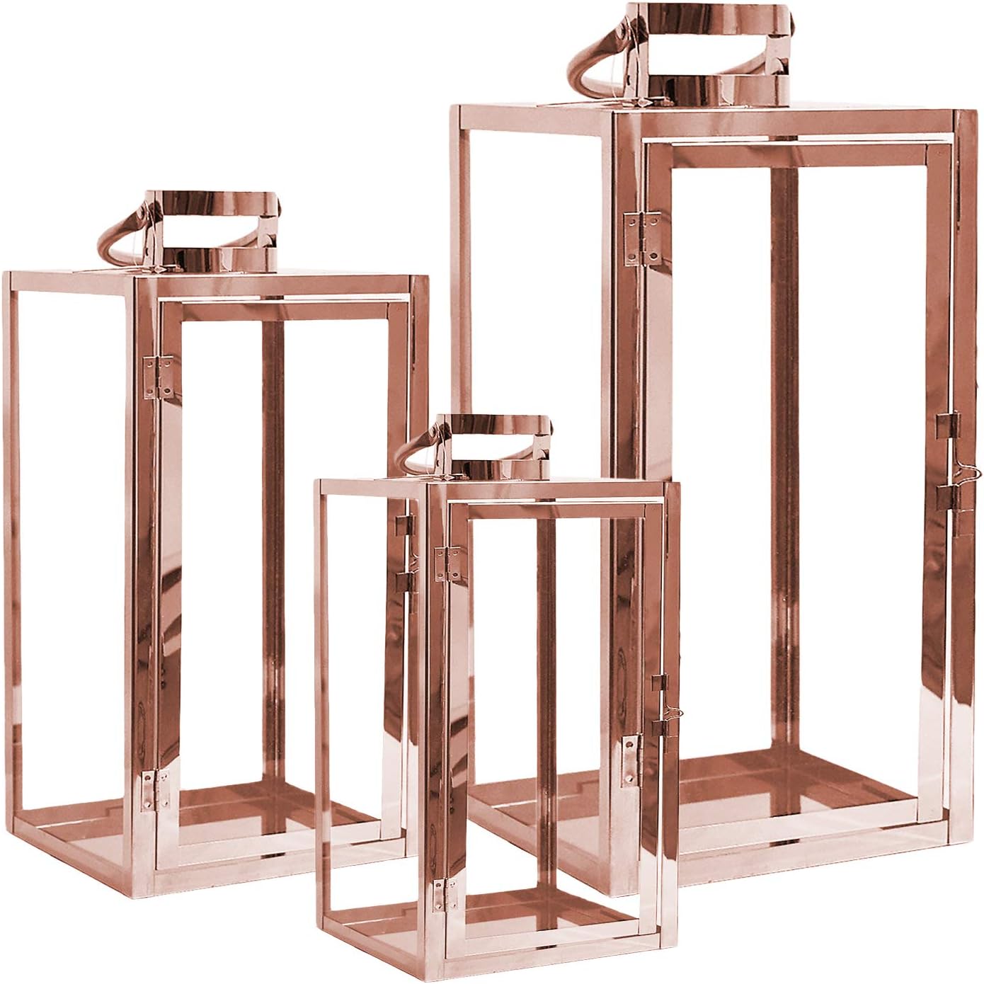 Mojawo® Lot de 3 lanternes de jardin de luxe XXL en acier inoxydable - Photophore en verre - Or rose - 30/40/53 cm - Cuivre