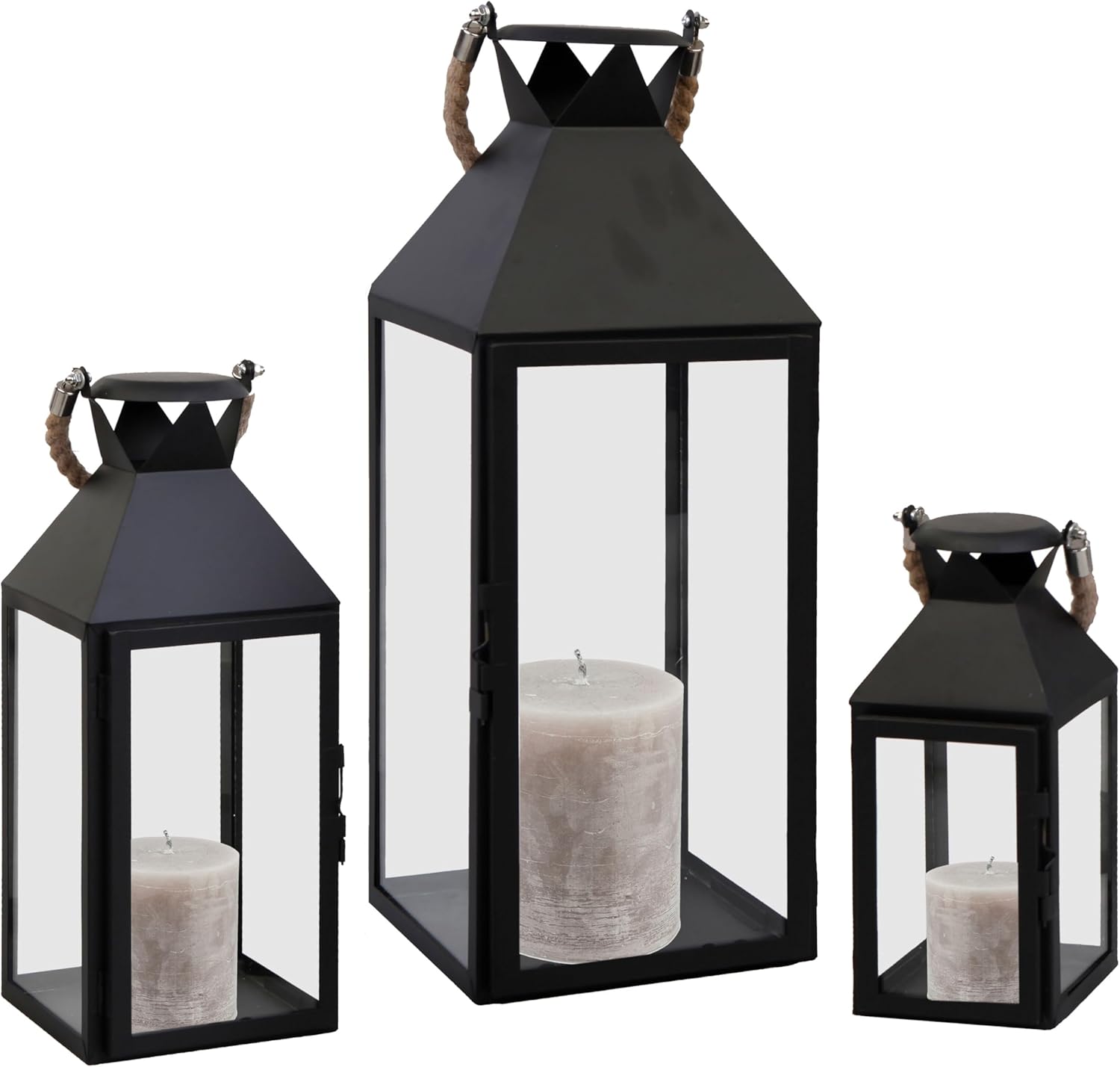 Mojawo® Lot de 3 lanternes de jardin XXL en métal - Hauteur : 25/40/51 cm - Avec poignée en corde - Noir