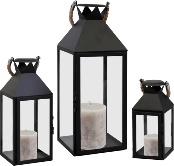 Mojawo® Lot de 3 lanternes de jardin XXL en métal - Hauteur : 25/40/51 cm - Avec poignée en corde - Noir
