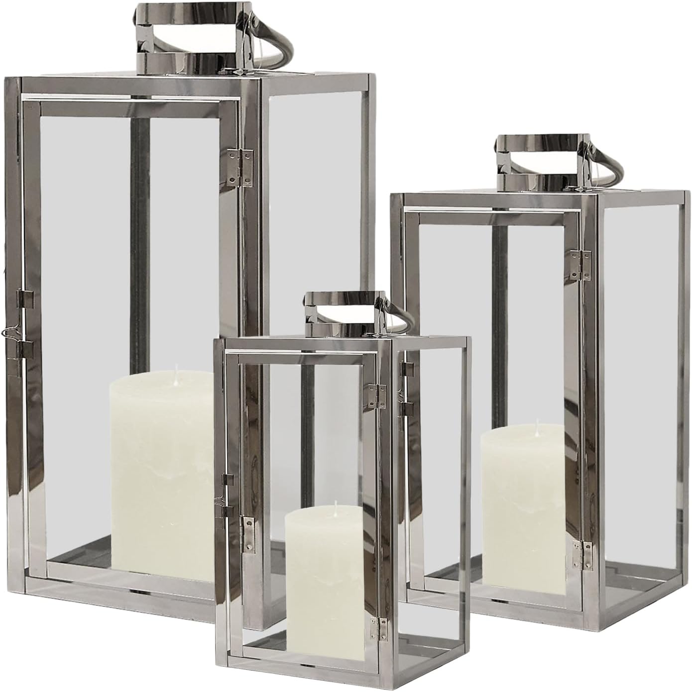 Lot de 3 lanternes de jardin Mojawo en acier inoxydable - Argenté - Taille XXL - 30, 40, 53 cm