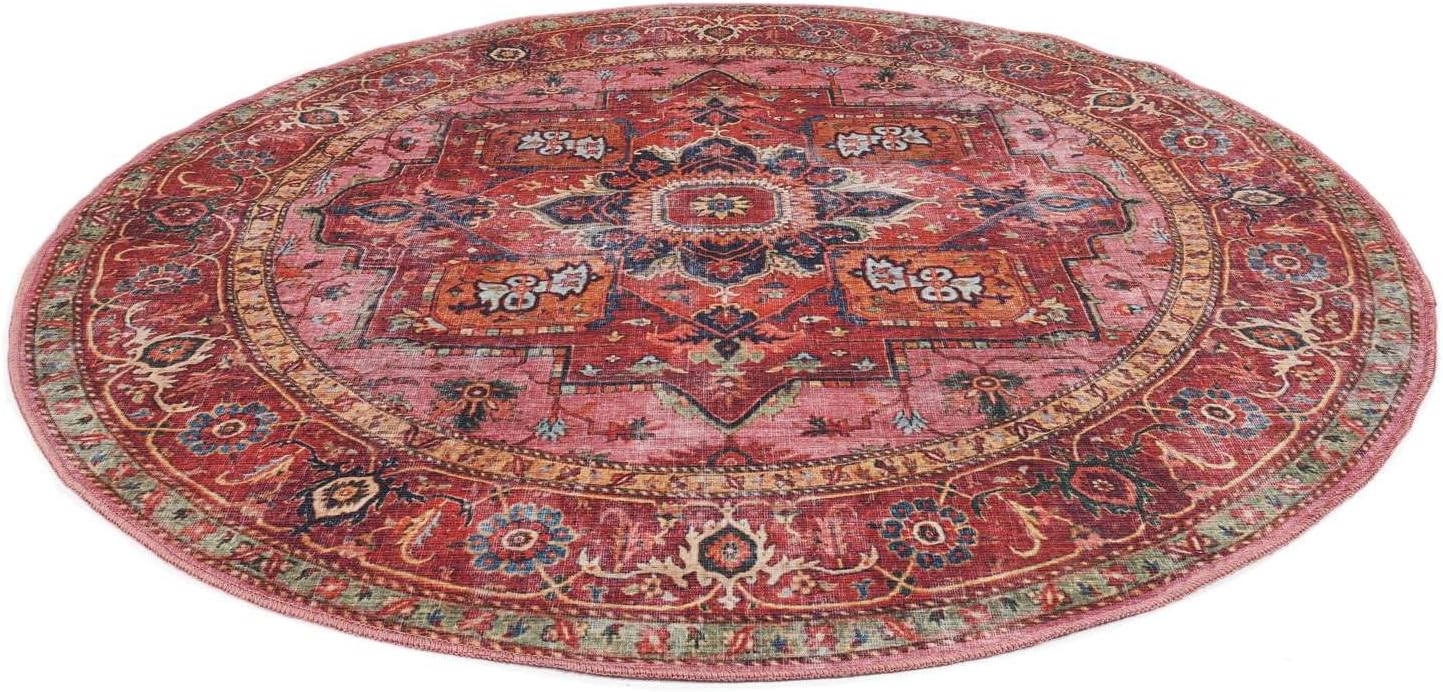 Georgia Oriental, Tapis, Orientaux, Ø 160 cm, Rond, Poil Ras, Salle de séjour, Chambre, Cuisine, Lavage en Machine, Rouge/Rose 160 cm (Rond) Rouge / Rose