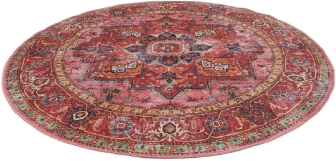 Georgia Oriental, Tapis, Orientaux, Ø 160 cm, Rond, Poil Ras, Salle de séjour, Chambre, Cuisine, Lavage en Machine, Rouge/Rose 160 cm (Rond) Rouge / Rose