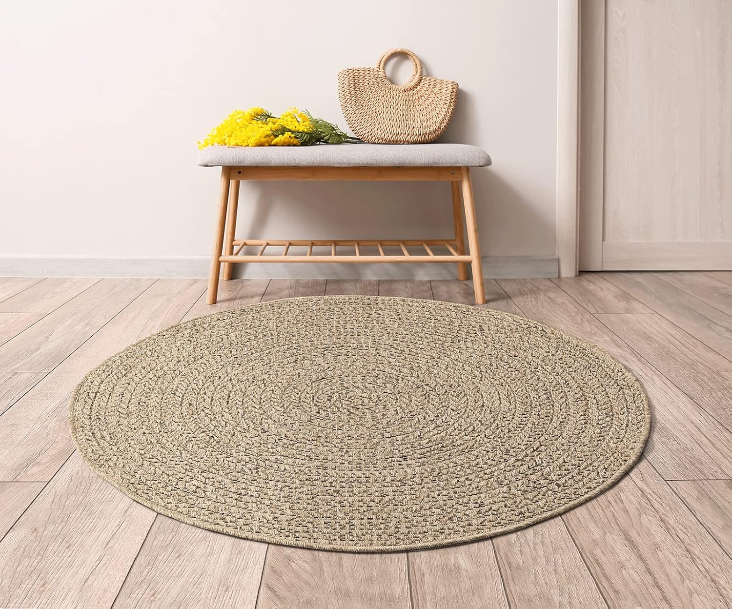 Kansas – Tapis intérieur Confortable et élégant pour Salon, Chambre ou Couloir, Doux et Chaleureux, Facile à Nettoyer, Style Jute Naturel, également adapté pour l’extérieur, 160 cm Rond 160 cm Rond Nature-5