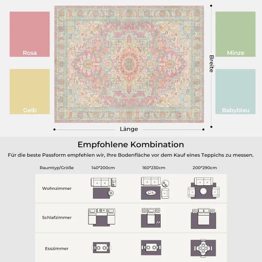 Kokia Teppiche Gegend 200x290 cm - Waschbarer Vintage Orient Teppich mit Used-Look Medaillon Muster, Weich, Rutschfest, Fleckenfest, Flacher Flor, für Wohnzimmer, Schlafzimmer, Blütenrosa Blütenrosa Rectangulaire 200 x 290 cm (Rectangulaire)