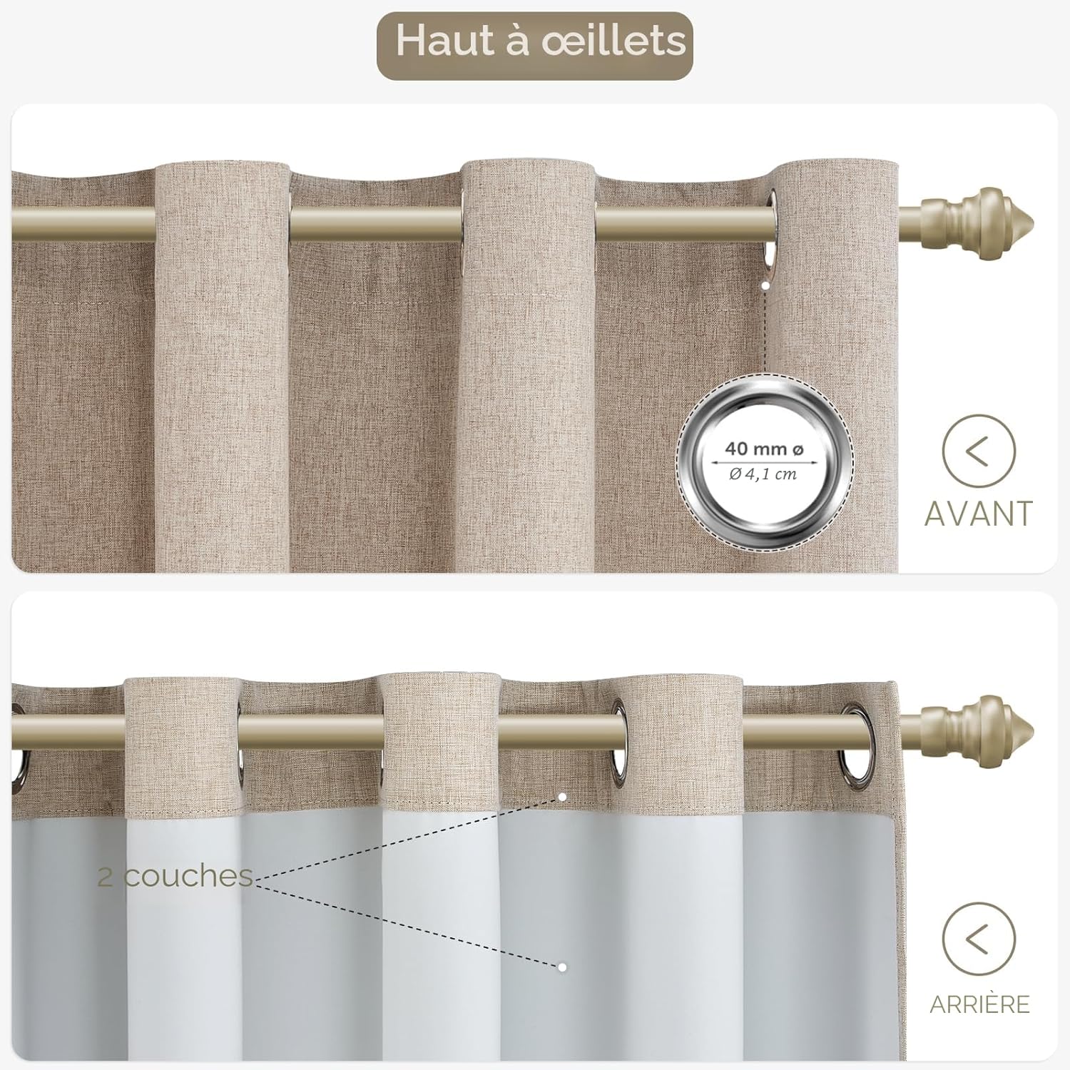Rideaux Occultants Thermique Lin Naturel 140x240 CM 100% Bloquer Lumière Rideaux Thermiques Isolants Anti Froid et Chaleur à Oeillets pour Chambre Adulte Salon, 2 Pièces 140L X 240H cm (2 Panneaux) Lin Naturel
