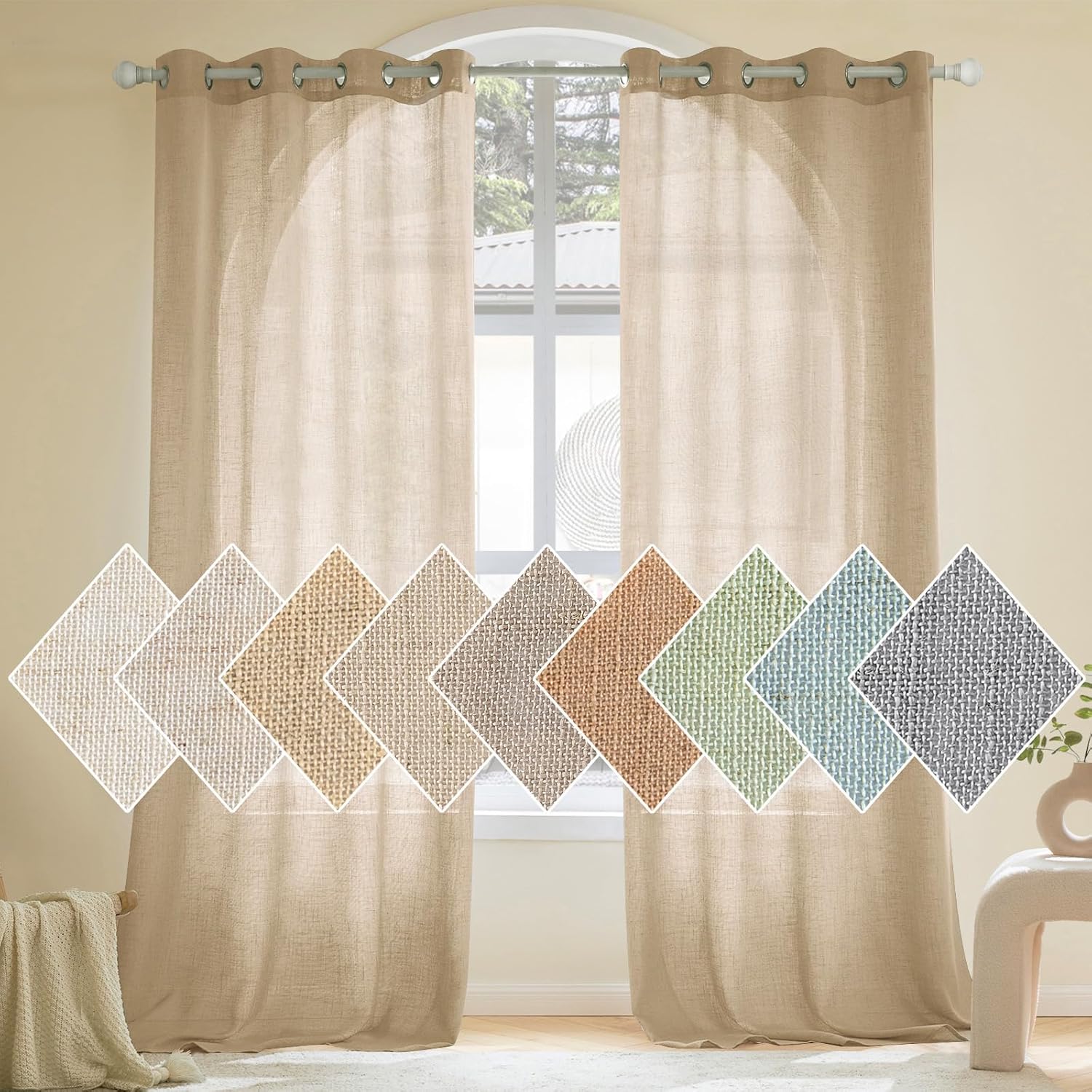Woaboy Lot de 2 Rideaux en Lin Translucides Voilage à Oeillets Rideaux et Draperies Intérieurs Modernes pour Chambre Fenêtre Salon Coucher 140x225 cm Beige 140L X 225H cm (2 Panneaux) Beige