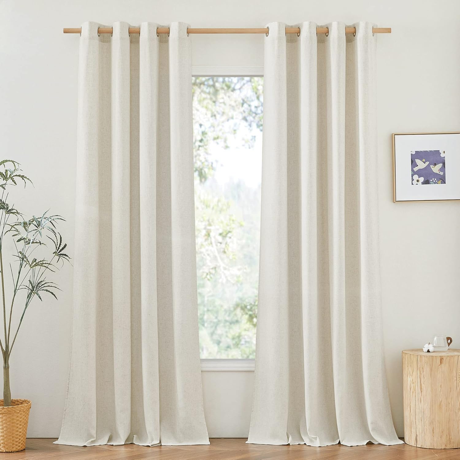Rideaux Lin Naturel à Oeillets Beige Clair - Rideau Voilage en Lin Epais de Fenêtre, Semi-Transparent Décoration pour Maison Chambre Salon Moderne Elégant Boheme, Lot de 2, 140L X 260H cm 140L X 260H cm (2 Panneaux) Beige Clair