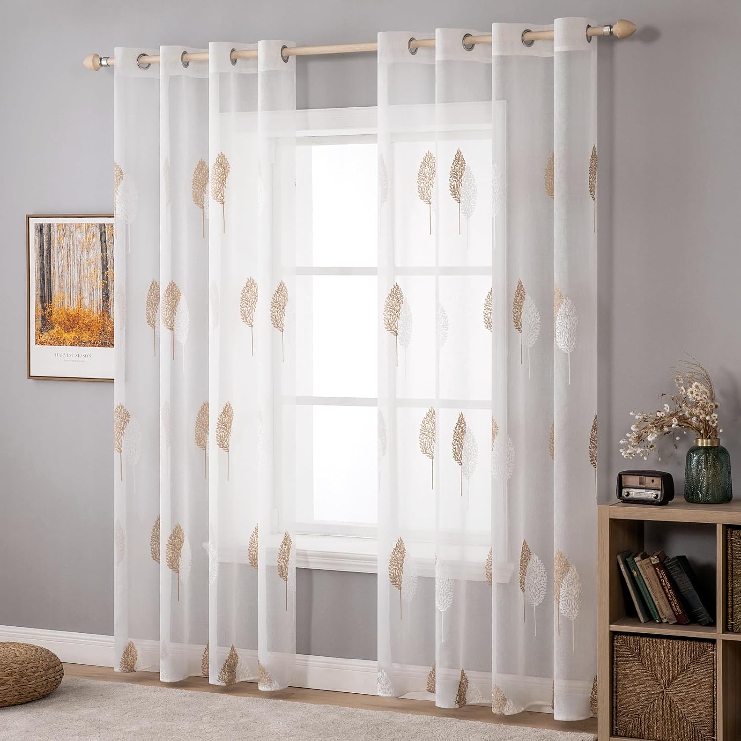 Rideaux Voilage avec Beau Motif de Feuilles Brun et Blanc, Intérieurs Rideau Voile Brodé a Oeillets Largeur 140 CM Hauteur 245, Transparent Voilage Fenetre Design Moderne pour Chambre Salon 140L X 245H cm (2 Panneaux) Marron