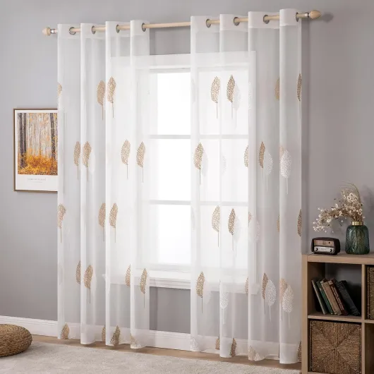 Rideaux Voilage avec Beau Motif de Feuilles Brun et Blanc, Intérieurs Rideau Voile Brodé a Oeillets Largeur 140 CM Hauteur 245, Transparent Voilage Fenetre Design Moderne pour Chambre Salon 140L X 245H cm (2 Panneaux) Marron