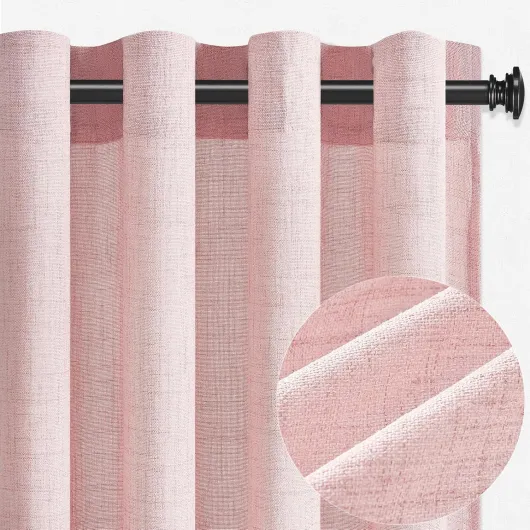 Rideaux Voilage Effet en Lin Courts Cuisine, Lot de 2 Rideaux et Draperies Voilages Intérieurs Fenetre Semi-Transparent à Oeillets pour Salon Moderne Chambre, Rosa, 140x160 cm 140L X 160H cm (2 Panneaux) Rose Doux
