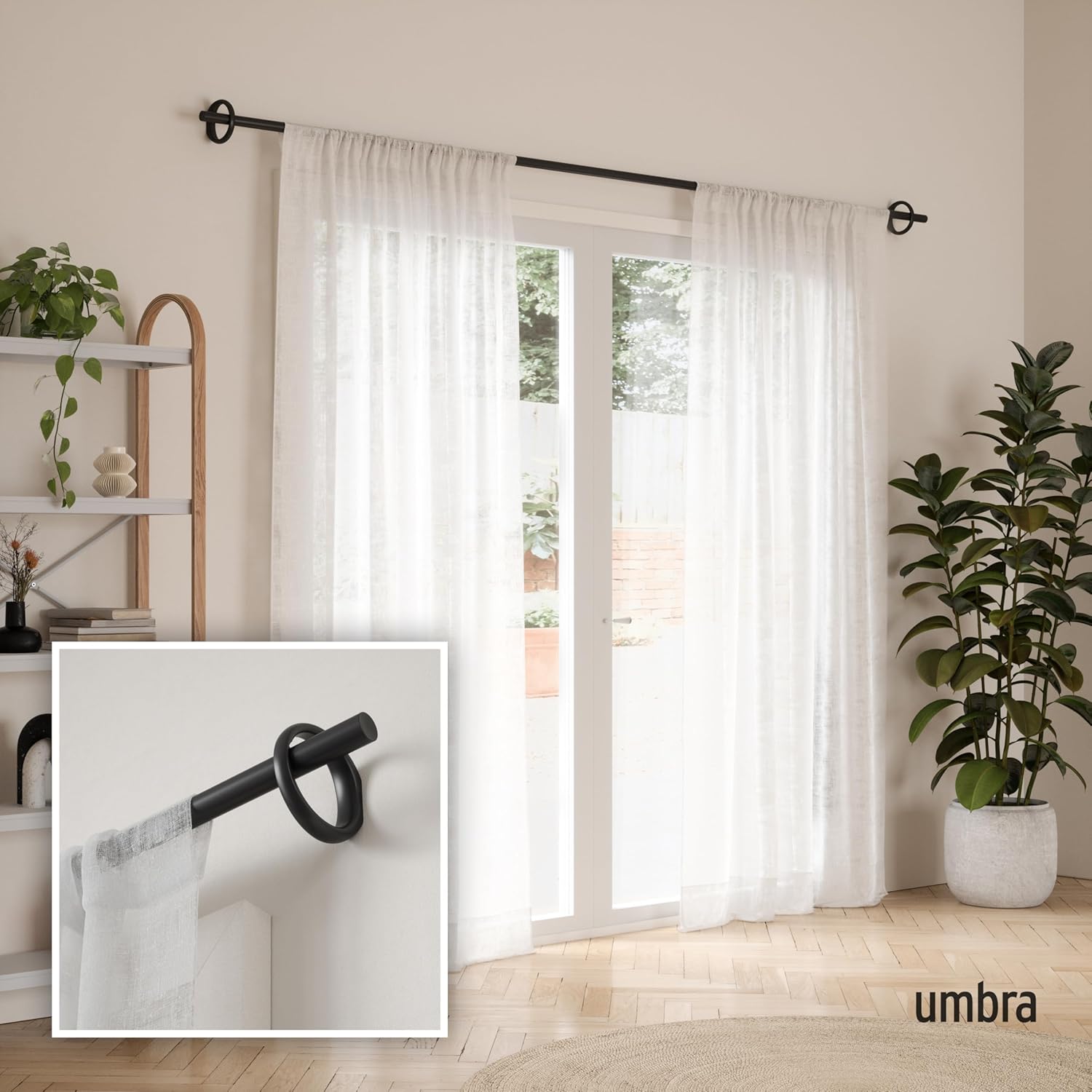 Ringlet Tringle à Rideaux Extensible, 2,5cm, 107-305 cm, 2 Embouts, Supports Muraux et Matériel De Fixation Inclus, Noir mat