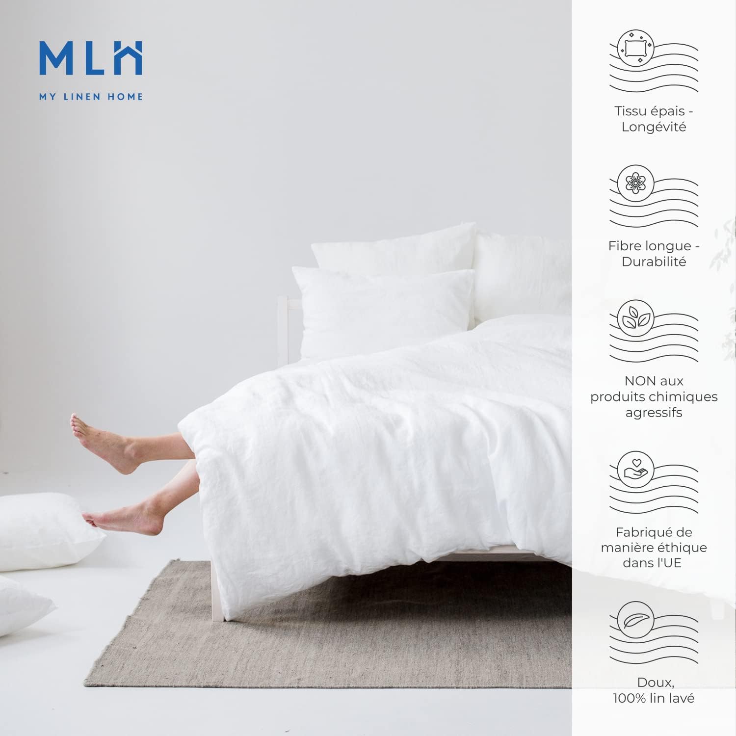My Linen Home - Parure de Lit - 100% Lin Lavé - 1 Housse de Couette 200x200 avec Fermeture éclair - 2 Taies Oreiller 50x70 avec Fermeture à Revers - Linge de Lit et Oreillers - Blanc Blanc Double-200x200, 2x50x70