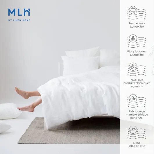 My Linen Home - Parure de Lit - 100% Lin Lavé - 1 Housse de Couette 200x200 avec Fermeture éclair - 2 Taies Oreiller 50x70 avec Fermeture à Revers - Linge de Lit et Oreillers - Blanc Blanc Double-200x200, 2x50x70