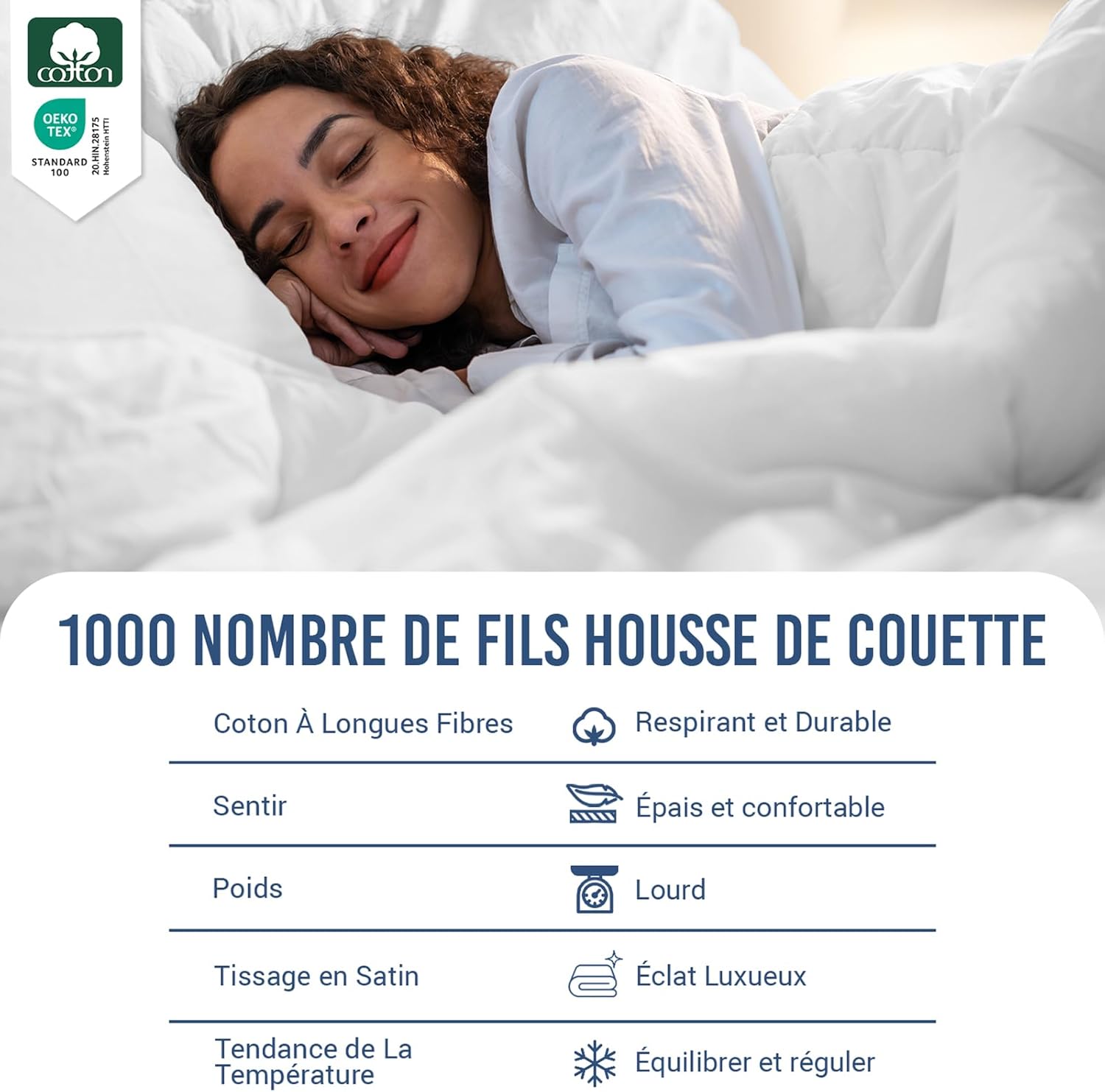 Coton Ensemble de Housses de Couette 200x200 cm 2 Personnes Blanc, 1000 Fils au Pouce carré, 100% Coton longuement agrafé Housse de Couette avec Fermeture à Bouton caché Blanc 1 x 200x200cm + 2 x 65x65cm+5cm Ensemble housse de couette