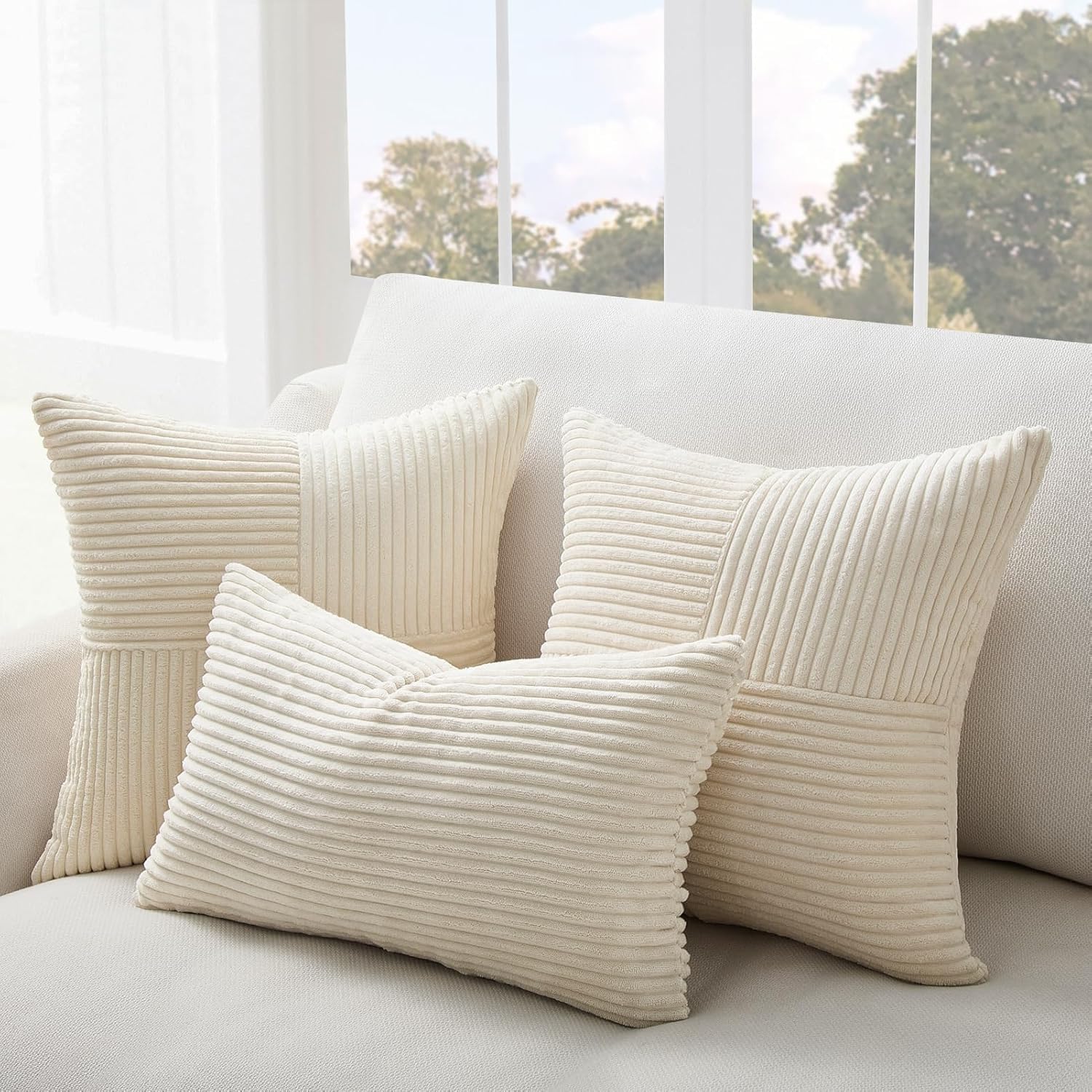 Lot de 4 Boho Housse de Coussin 40x40 Crème Beige, Moulin à Vent Velours Côtelé,Douillet Taie d'oreiller Moderne pour Chambre Chaise Lit Jardin Fauteuil Décoration Intérieure et Extérieure 40 x 40 cm (Lot de 4) Crème Série