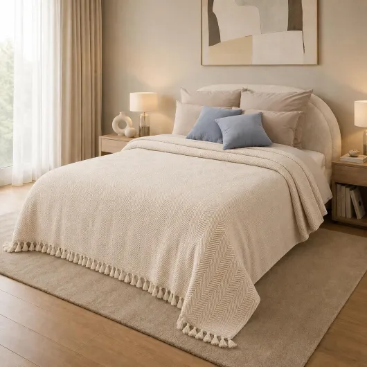 Couverture Boho avec franges – Couverture moderne au design chevron – Jeté de canapé et plaid pour canapé, lit et salon (Crème beige, 210x240) Beige Crème - 210x240