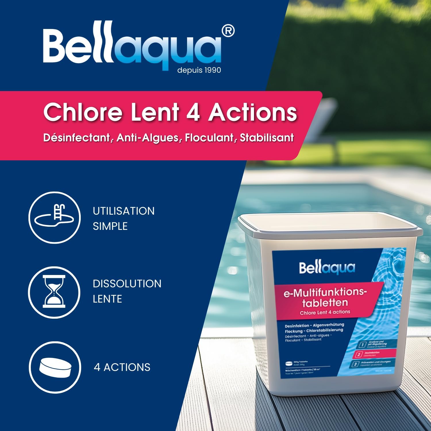 Chlore Lent Multifonction Piscine 5 kg - Galets de Chlores 200g - Traitement Complet Piscine - Désinfection, Anti-Algues, Floculant, Protection du Chlore