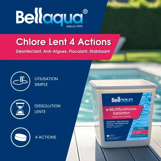 Chlore Lent Multifonction Piscine 5 kg - Galets de Chlores 200g - Traitement Complet Piscine - Désinfection, Anti-Algues, Floculant, Protection du Chlore