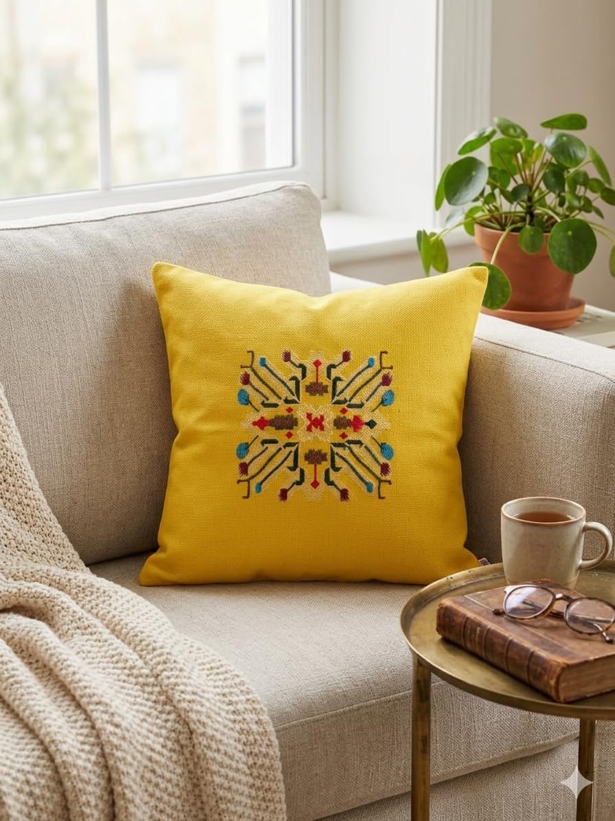 Housse de Coussin à Motif de Tapis Arménien 43 × 43 cm – Housse Décorative en Tissu Doux avec Fermeture Éclair Invisible – Idéale pour le Salon, le Canapé ou le Lit – Élégante Idée Cadeau (Jaune)