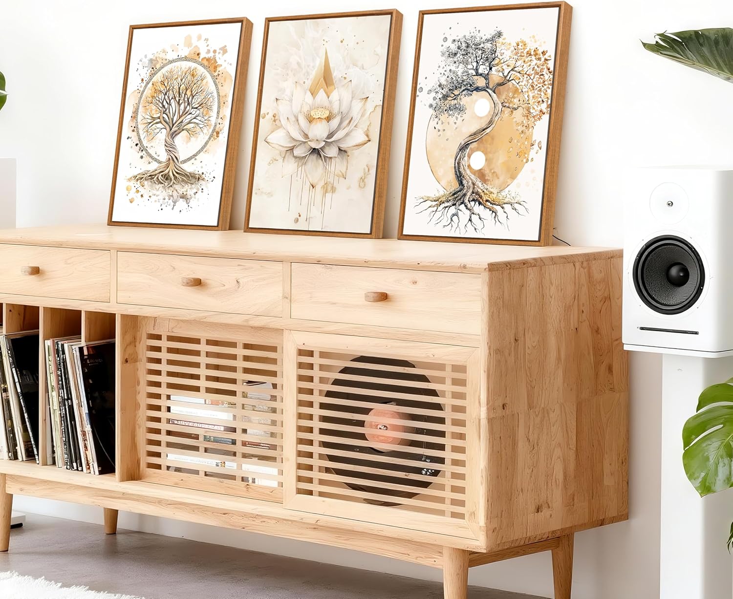 3Pcs Arbre de vie Yin Yang Tableau Encadré Poster Mural Bouddhisme Zen Fleur de Lotus Beige Affiche Peinture Impression sur Toile Tableau Decoration Murale Salon Chambre Salle à manger 30x40cm x3pcs Arbre de vie Yin Yang 30x40cmx3（Marron PS Encadré）