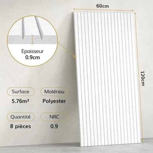 Grands panneaux acoustiques autocollants, lot de 8 panneaux de 120x60x0,9 cm (5,76m²), panneaux muraux autocollants en plaques acoustiques, revêtement mural pour plaques acoustiques et 8 pièces 120x60x0,9cm Blanc