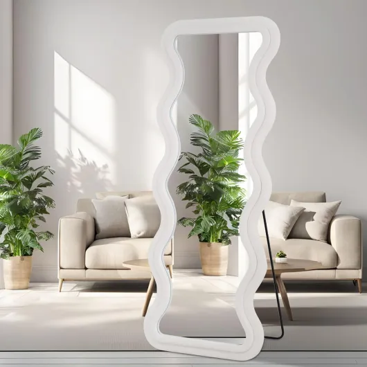 Long miroir de sol ou mural pleine longueur 160x60 cm avec cadre ondulé en flanelle ivoire, pour chambre et entrée, à adosser ou accrocher 160L x 60l cm Ivoire Ondulé