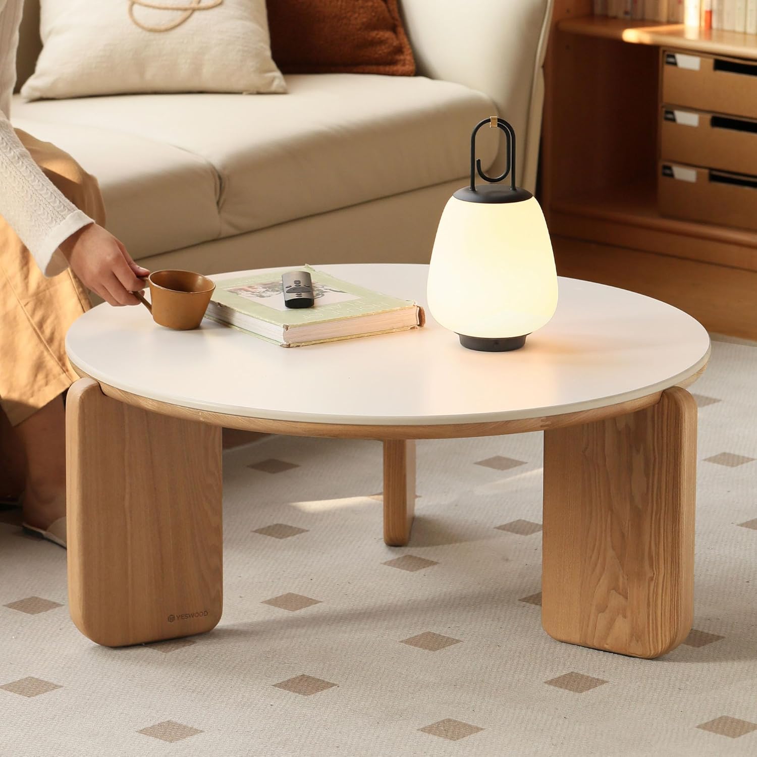 Table Basse en Chêne Massif, Plateau Pierre Frittée Résistant Chaleur & Rayures, Design Moderne, Table Basse Ronde pour Salon, 80 x 80 x 35 cm, Blanc Blanc 80 x 80 x 35 cm