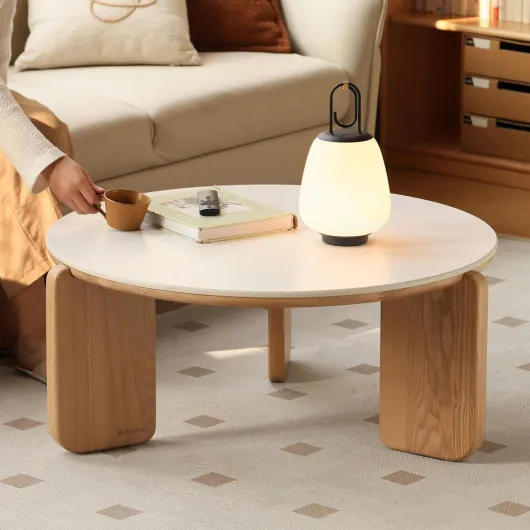 Table Basse en Chêne Massif, Plateau Pierre Frittée Résistant Chaleur & Rayures, Design Moderne, Table Basse Ronde pour Salon, 80 x 80 x 35 cm, Blanc Blanc 80 x 80 x 35 cm