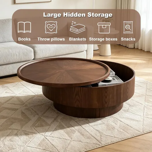 Table Basse Ronde avec Rangement Caché, Table D'appoint Circulaire Rustique De 78Cm,Table Basse Cylindrique en Noyer,Tables Basse en Bois pour Salon, Chambre Ou Appartement,Small 30.7 inches×30.7 inches×12.59 inches