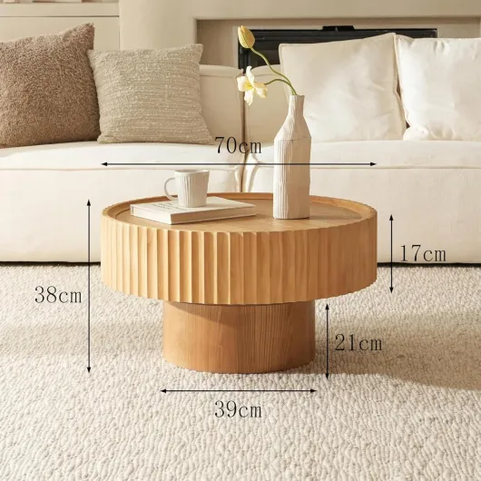 Table Basse Ronde, Table de Salon avec Design strié, Table Basse Couleur Bois Naturel en Forme de Champignon avec Les Dimensions φ70 × 38 cm, Table de Salon en pin pour Salon, Chambre