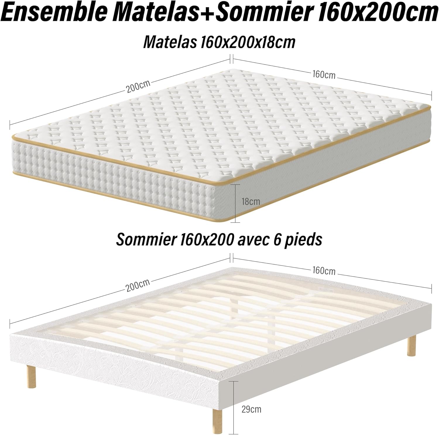 Matelas 160 x 200 en Mousse + Sommier 160 x 200 tapissier volige + 4 Pieds et 26 Lattes, Maintien Parfait pour Un Matelas Double Face hautement élastique, Ultra-Respirant 2x14 Lattes Matelas en Mousse 18cm 160 x 200 cm