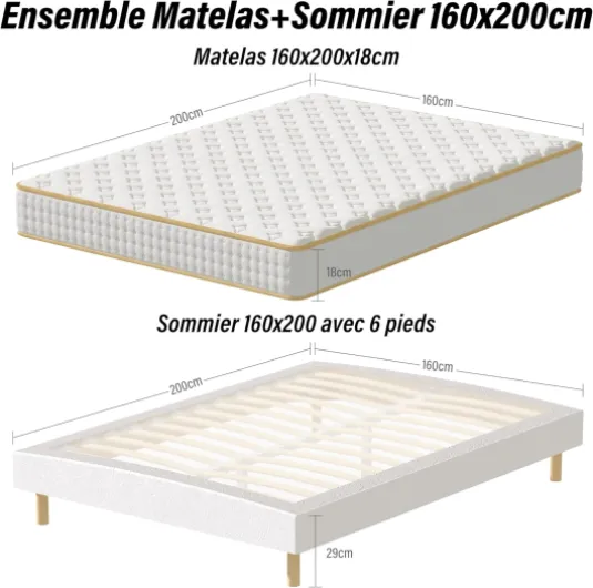 Matelas 160 x 200 en Mousse + Sommier 160 x 200 tapissier volige + 4 Pieds et 26 Lattes, Maintien Parfait pour Un Matelas Double Face hautement élastique, Ultra-Respirant 2x14 Lattes Matelas en Mousse 18cm 160 x 200 cm
