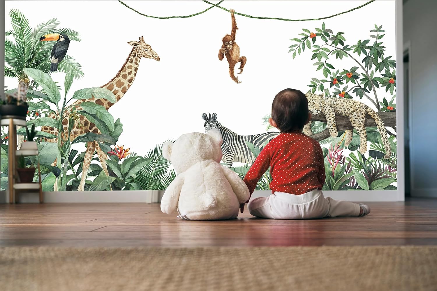 Papier Peint Panoramique Peint À La Main Animal Jungle Soie 355×250 cm Papier Peint Géant 3D Salon Chambre Salle à Manger Chambre d'Enfant Décoration Murale - singe,girafe 355cm(L) x 250cm(H)