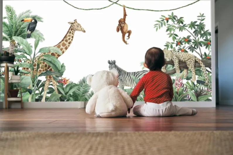 Papier Peint Panoramique Peint À La Main Animal Jungle Soie 355×250 cm Papier Peint Géant 3D Salon Chambre Salle à Manger Chambre d'Enfant Décoration Murale - singe,girafe 355cm(L) x 250cm(H)